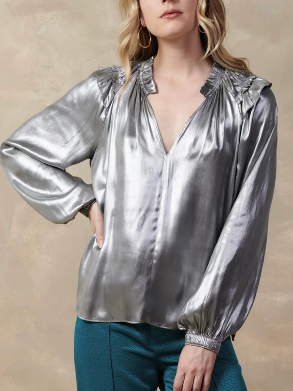 Current air Long Sleeve Blouse Metallic Silver Blouse Size Large